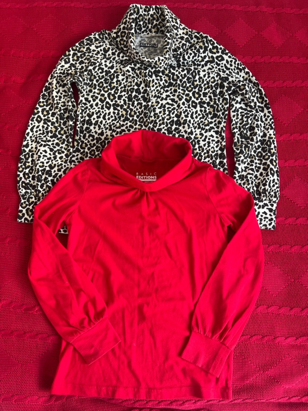 Basic Editions 2 turtlenecks, one red and the other leopard